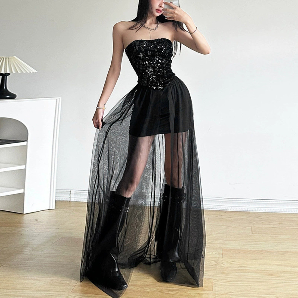 ZARA Women Summer Strapless Sequin Mesh Spliced High Waist Long Dress